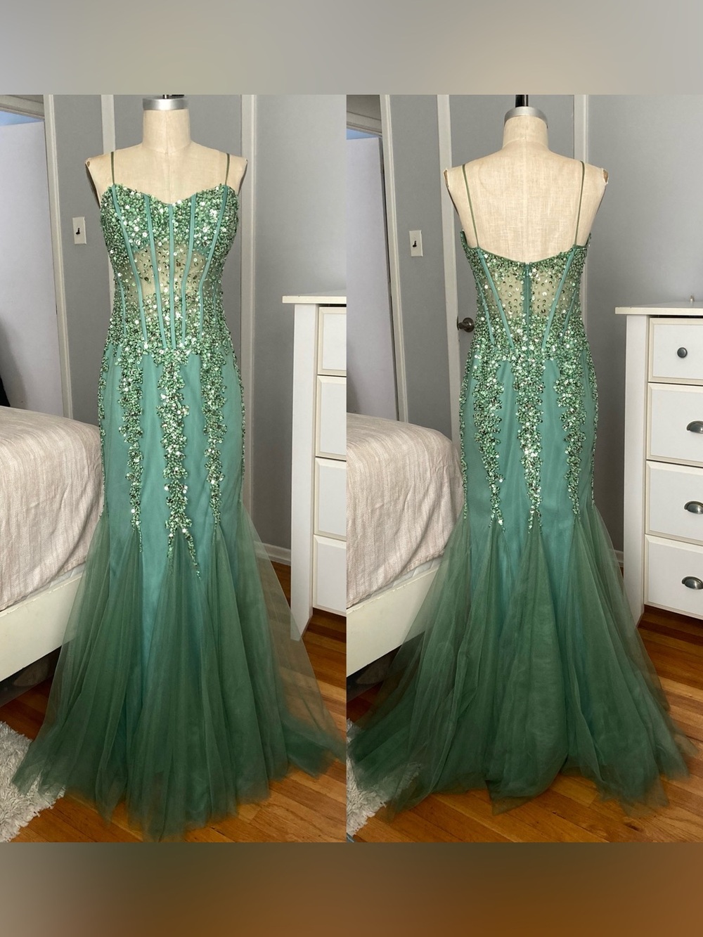 Womens Jovani sequin embellished long evening dress in green size 10